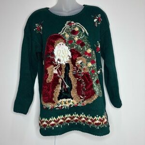 Vintage Tiara International Christmas Santa Sweater small green st Nick Bells